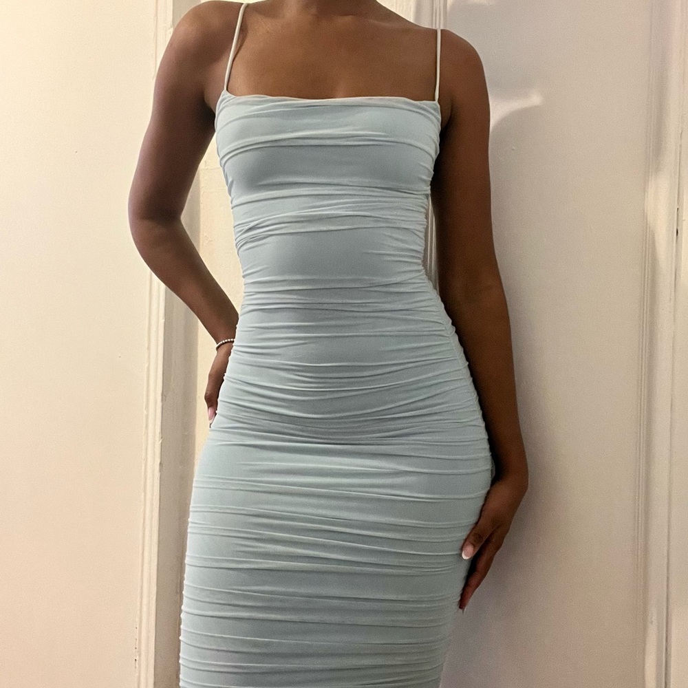 Oh Polly ruched baby blue bodycon dress